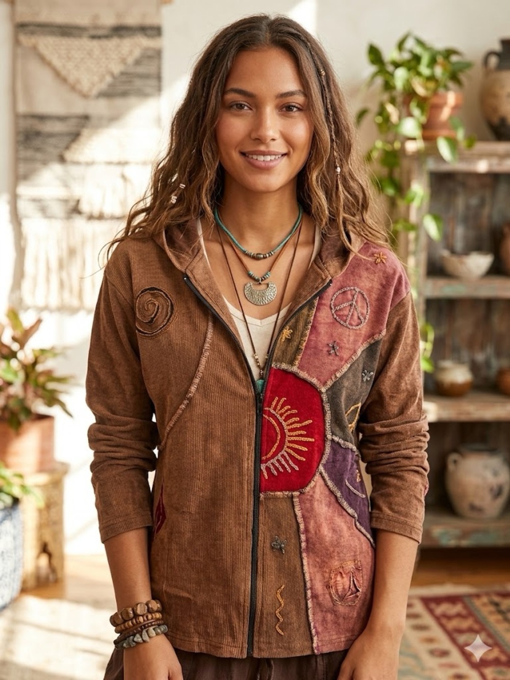 Kathmandu Boho Patchwork Embroidered Zip-Front Jacket in Brown